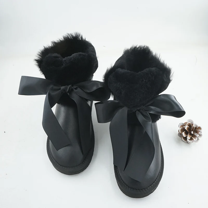 Quality Women's Boots Natural Sheepskin Fashion Bow Woman Snow Boots Easy to Clean Lined With Thick Wool Keep Warm Women Boots