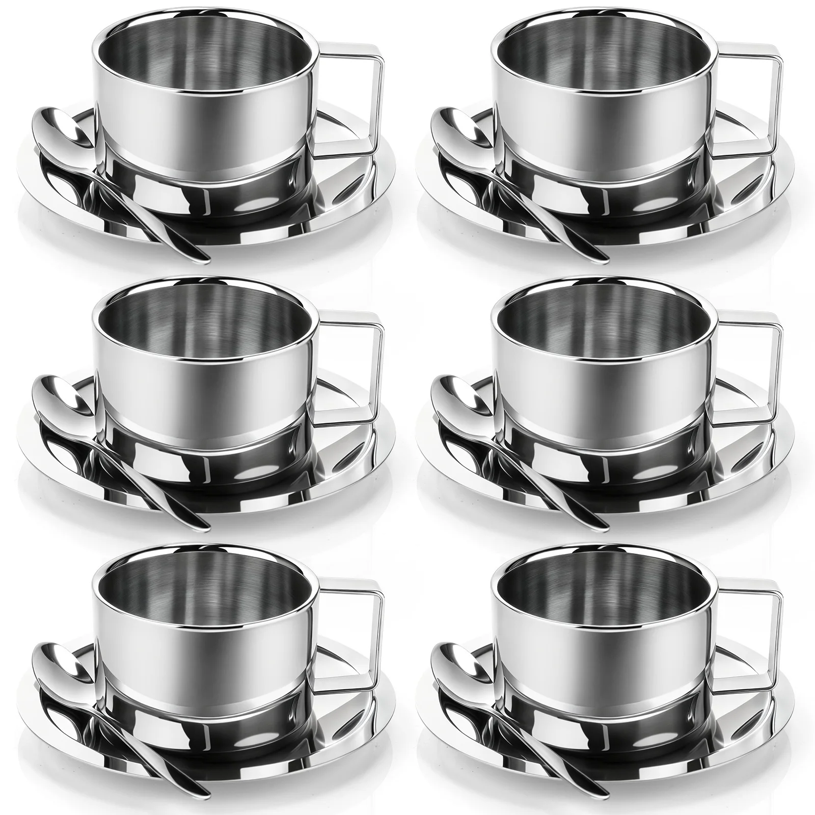 

6pcs (6 Pack) Stainless Steel Insulated Coffee Cups Set with Spoon & Saucer - Double-Walled Thermal Mugs Suitable for Latte, Tea, Milk, Cappuccino, Espresso for, Office, Parties - for Hot/ Drinks