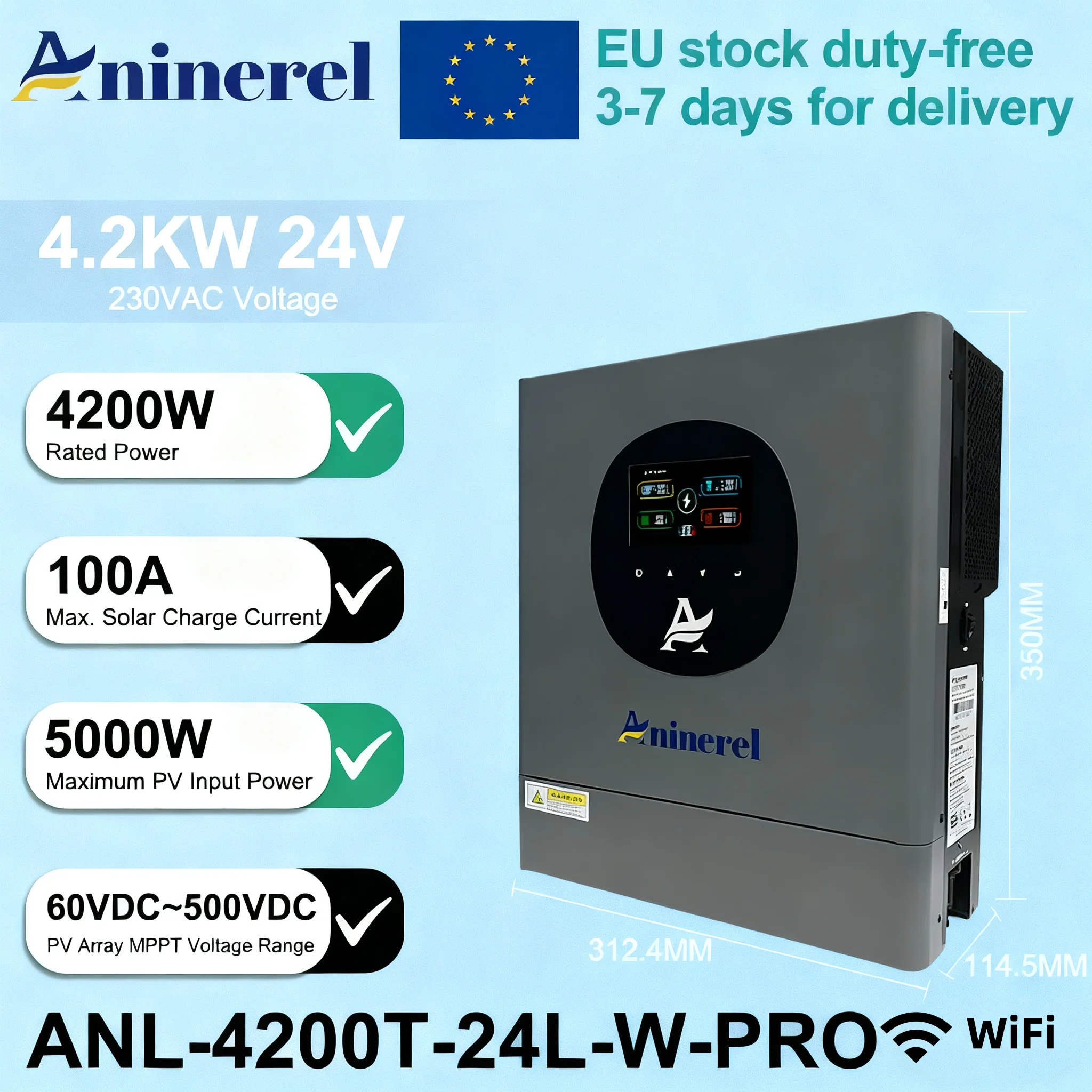 Aninerel 4.2KW 24V Inverter Solare Ibrido Sulla Rete + Off Grid 230Vac Inverter A Onda Sinusoidale Pura Mppt Caricatore Solare Pv 60-500VDC Wifi
