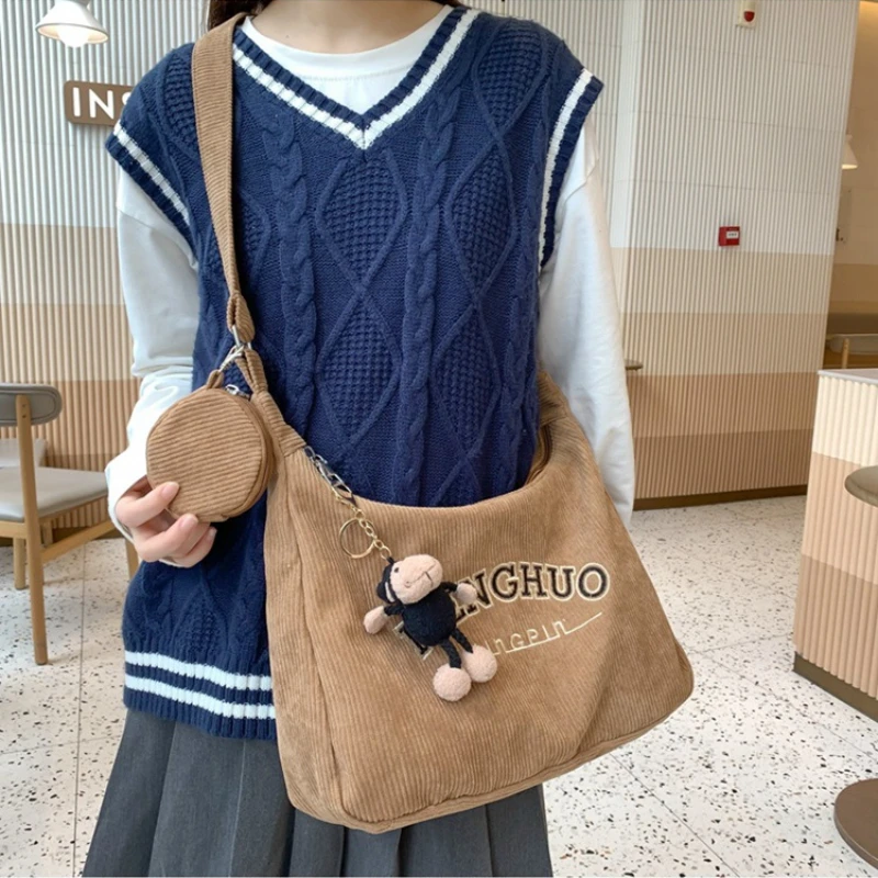 2024 New Shoulder Tote Bag with Letter Design Large Capacity Corduroy Literature Art Portable Crossbody Handbags + Coins Bags