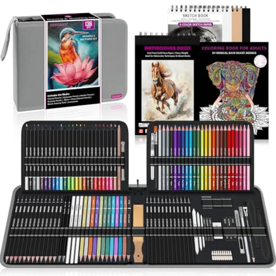 

136 PCS Drawing and Sketching SetPro Art Supplies with Graphite Charcoal Colored Watercolor Metallic Pencils Blending Tools Ske