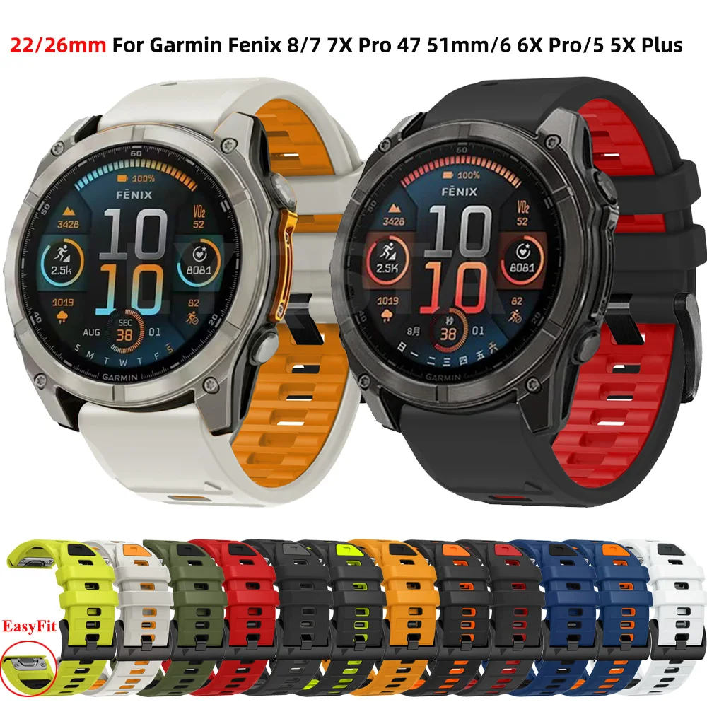 Ремешок для часов 26 22 мм для Garmin Fenix 8 47 мм 51 мм 7X 7 Pro ​ ​ 6X 6 5X 5 Plus 3HR 955 Силиконовый ремешок Быстросъемный аксессуар-браслет