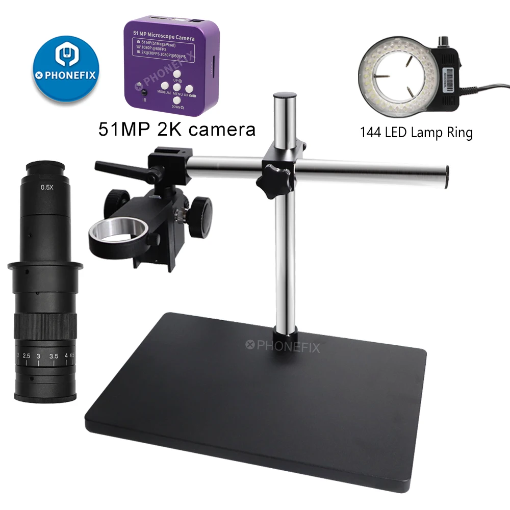 HDMI 48MP 4K 2K 51MP USB Compatible Digital Electronic Video Microscope Camera with 180X Lens LED Circular Lamp for Phone Repair