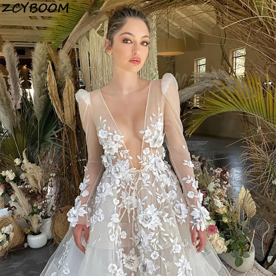 Personalizado Sexy Boho Apliques de encaje flores 3D cuello en V profundo una línea vestidos de novia 2024 espalda abierta corte tren vestidos de novia de tul