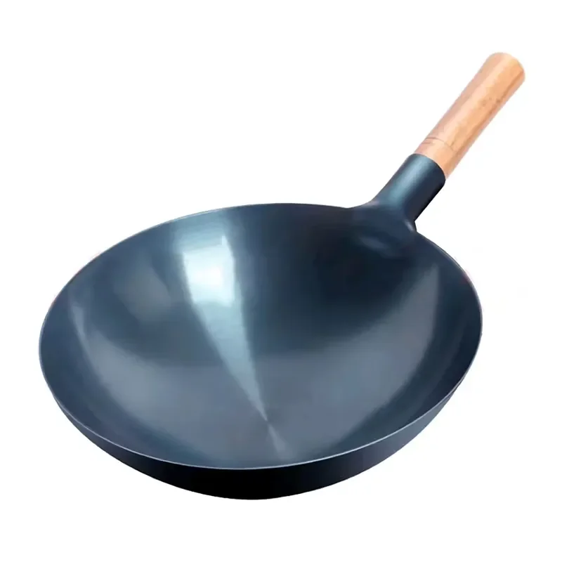 Pre-seasoned Blue Iron Wok Round Bottom Frying Pan with Birch Wood Handle Non-stick Cookware for Stir Fry