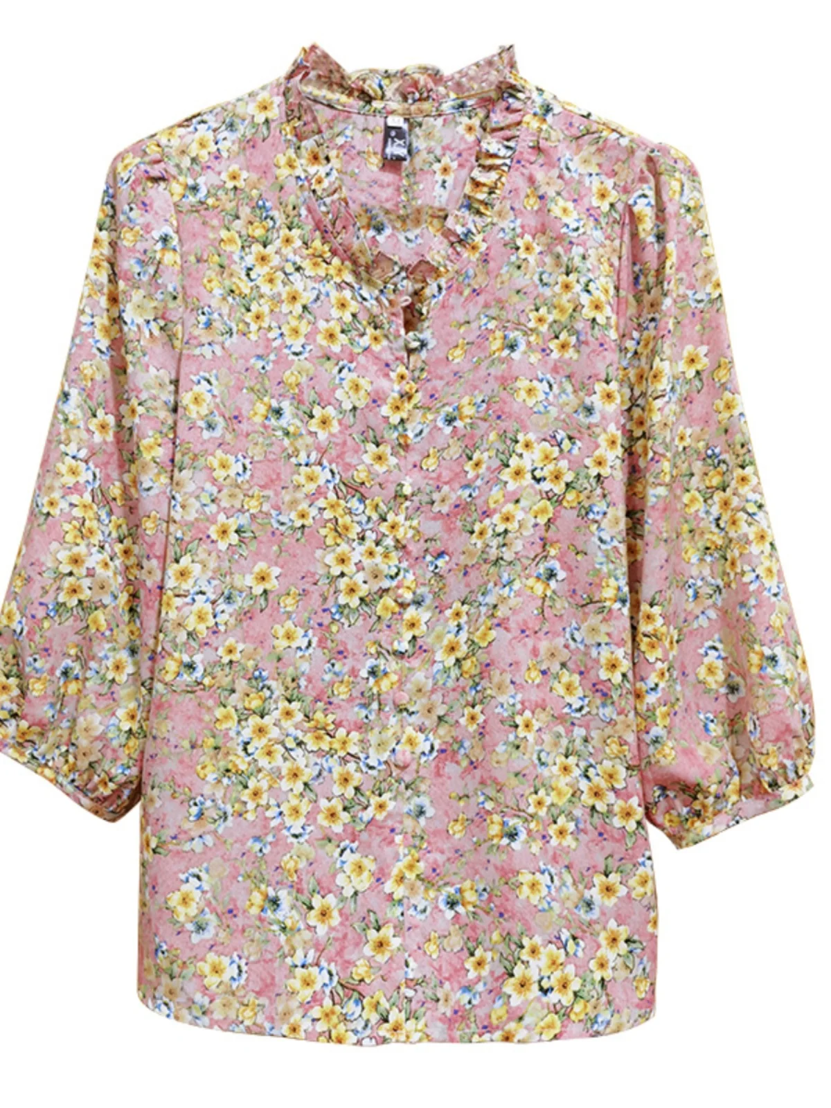 명품 브랜드 고급 맘마 플로럴 프린트 쉬폰 셔츠 스윗 스타일 루즈핏 랜턴 소매 폴리에스터 실크 혼방 V넥 캐주얼 탑