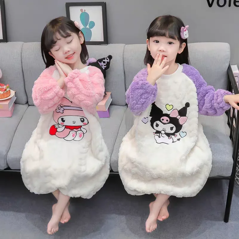 

My Melody Kawaii Sanrio Ins Fashion Warm Nightdress Autumn Winter Cute Kuromi Coral Velvet Pajamas Clothing Gifts for Kids