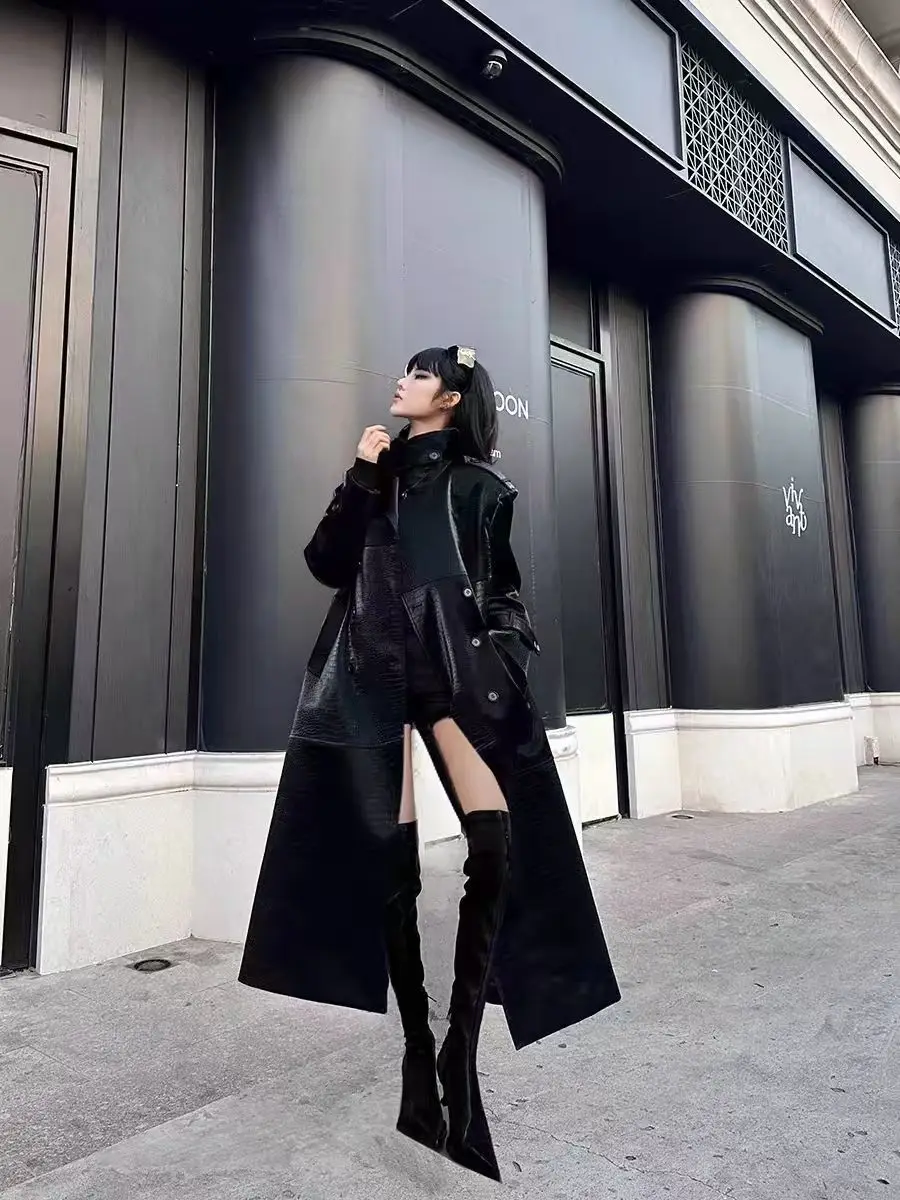 Luxe Hoogwaardige Leren Jas Vrouwen Lange Trenchcoat Double-Breasted Belted Lange Mouwen Revers Ontwerp Bovenkleding Streetwear