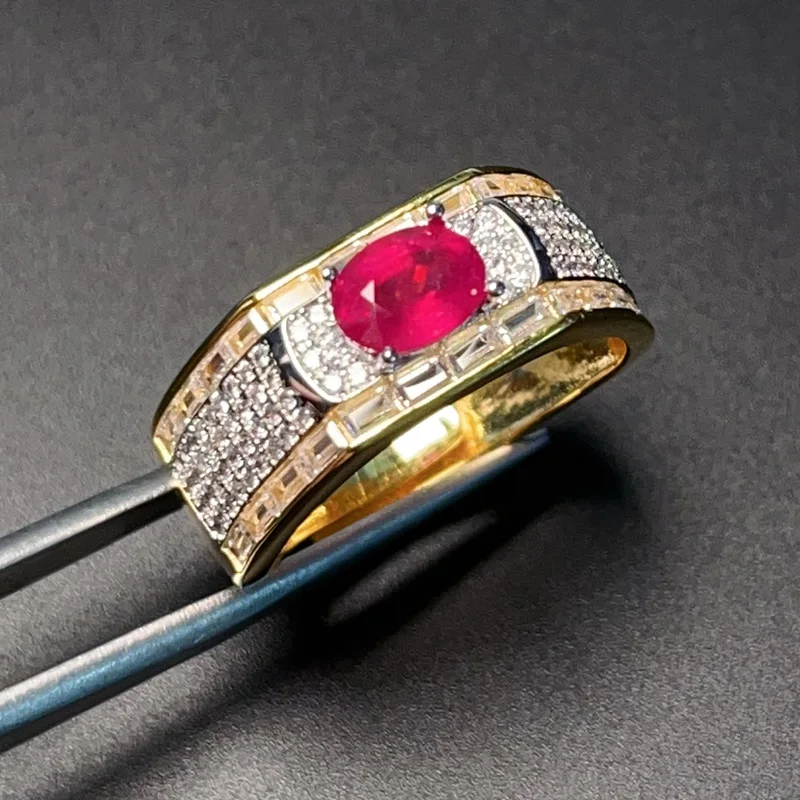 

Solid 925 Silver Natural Ruby Ring 0.7ct 5mm*7mm Heated Ruby Silver Ring with 3 Layers 18K Gold Plating