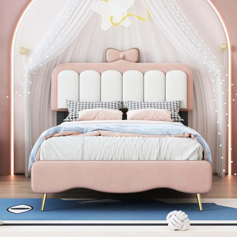 Pink Princess Bed, Twin Size Upholstered Platform Bed with Bow-Knot Headboard, Low-profile Upholstered Princess Beds