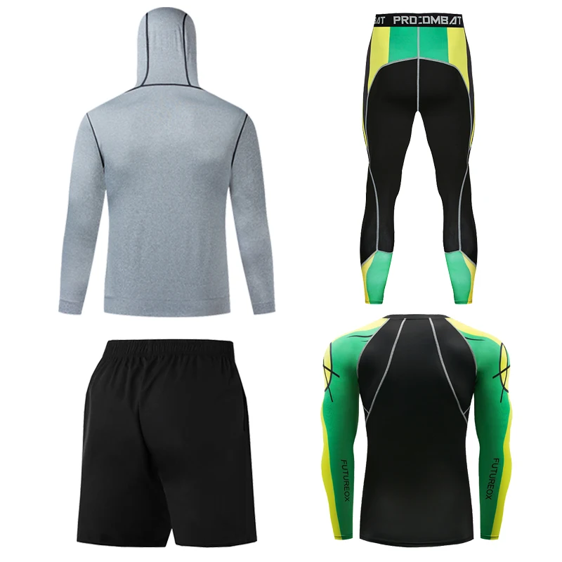 2023 4 Pieces Running suit Men Sports Tights Compression Shirt Long sleeve Quick dry Gym Shorts Workout Bodybuilding Clothing