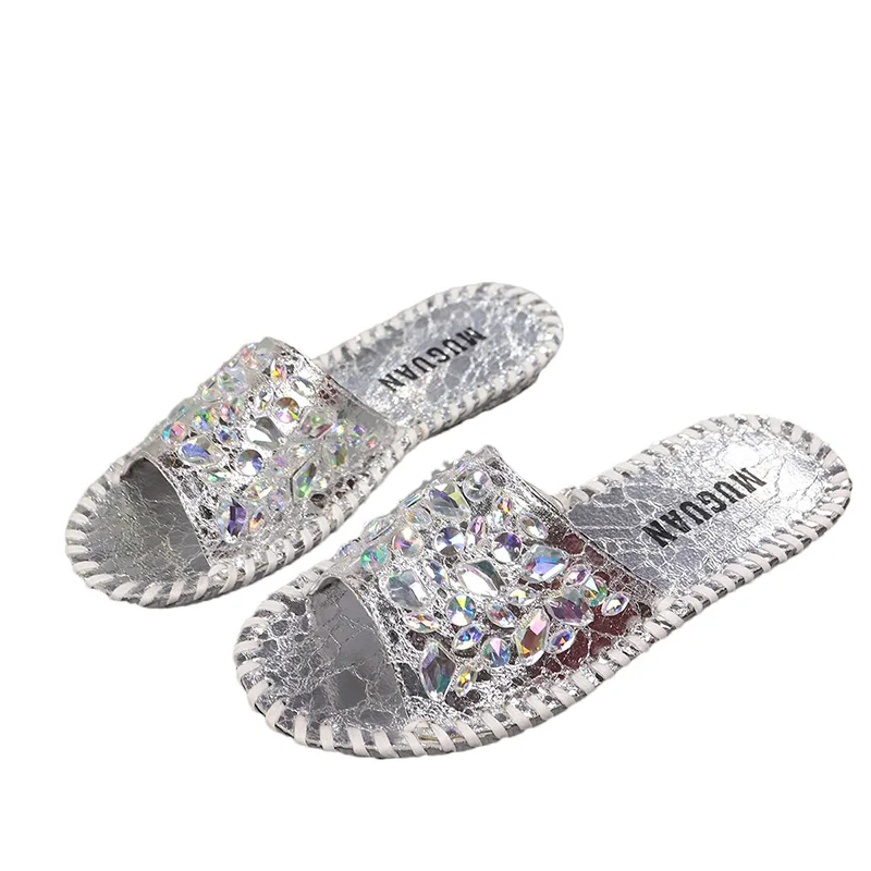 Women Crystal Flats Slingback Slippers Shoes 2024 New Summer Beach Casual Slides Fashion Open Toe Flip Flops Zapatillas Mujer