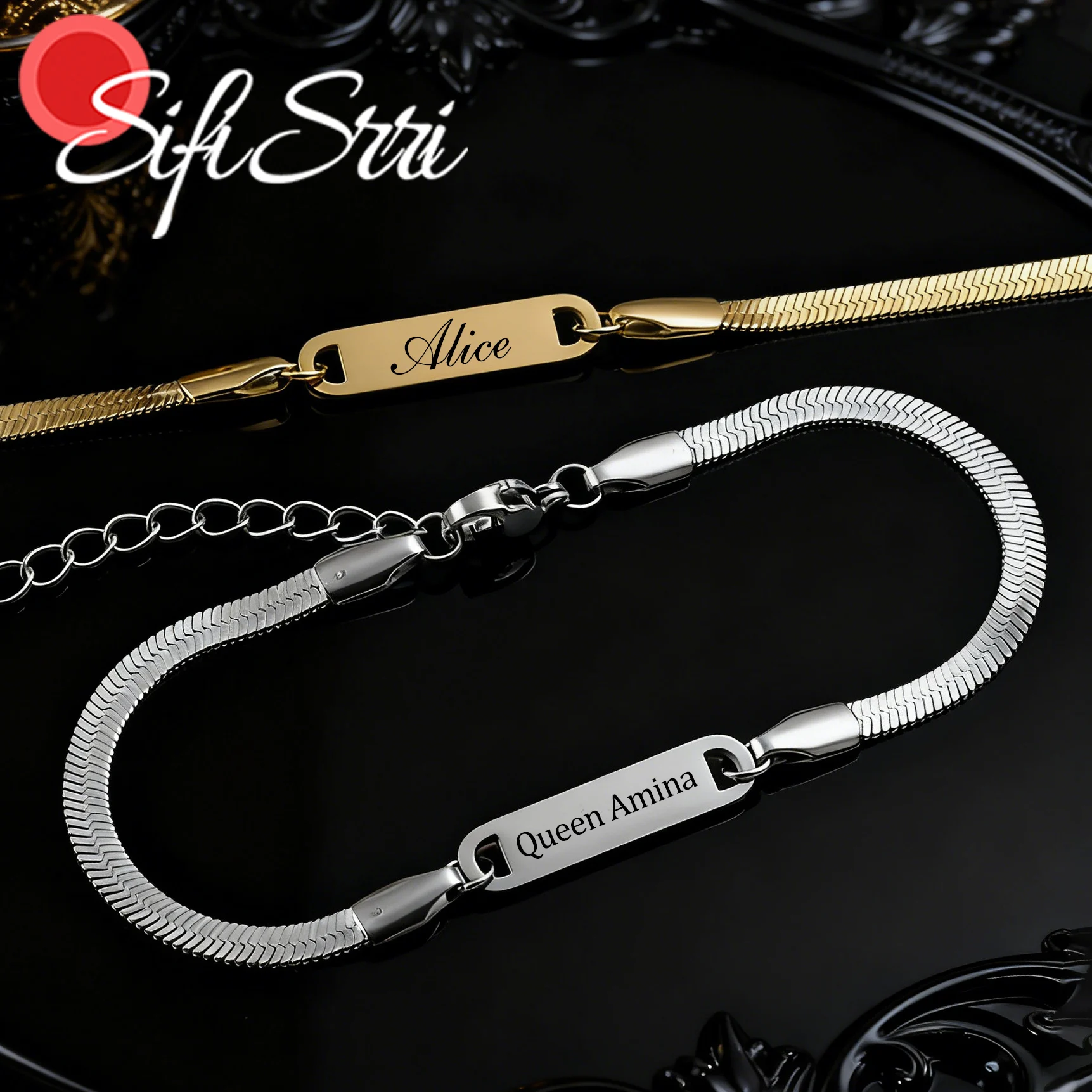 Sifisrri Engrave Name Bracelet For Women Heart Star Stainless Steel Jewelry Adjustable Blade Chain Personalized Christmas Gift