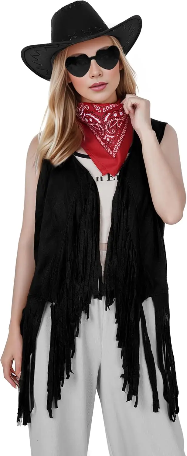 서양 카우걸 의상 세트 프린지 조끼 카우보이 모자 선글라스 두건 여성 남성 할로윈 의상 드레스 와일드 웨스트 코스프레