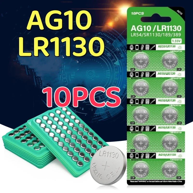 2024 10PCS AG10 LR54 เซลล์เหรียญ 1.55V SR54 389 189 LR1130 SR1130 แบตเตอรี่ปุ่มอัลคาไลน์สําหรับนาฬิกาของเล่นระยะไกล