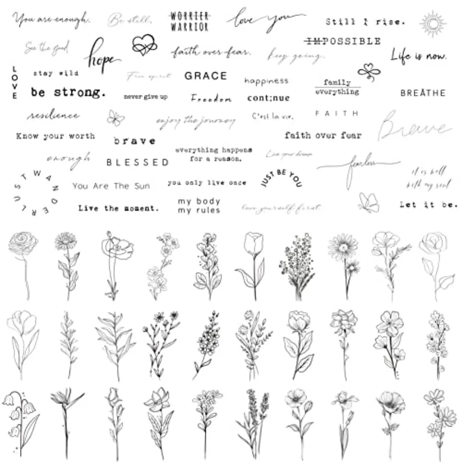 

Realistic Temporary Tattoos - 60 Sheets Tiny Small Removable Tattoos, 30 Pcs Inspirational Quotes Words Tattoos, 30 Pcs Wild Fl