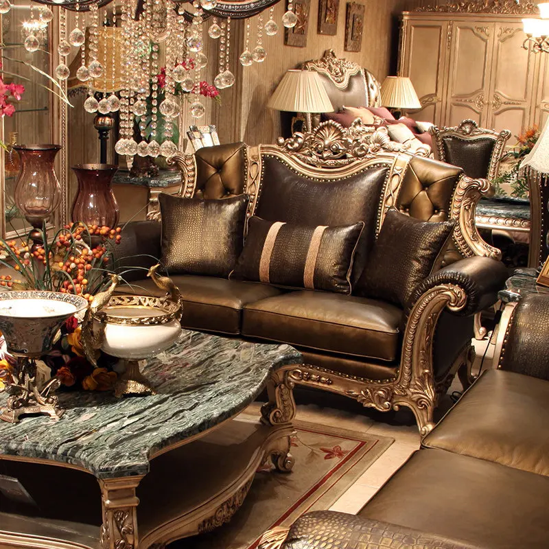Royal View Furniture European Solid Wood Sofa American Leather Sofa Hotel Model Room Villa Club Office Building Sofa