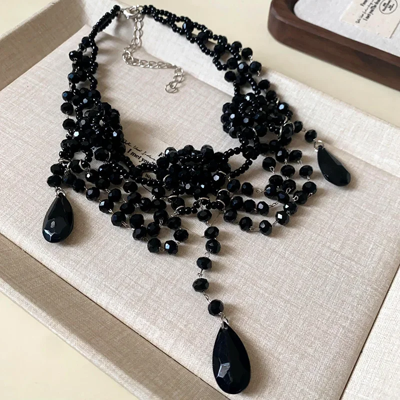 Draweye Multilayered Crystal Necklaces for Women Black Beads Vintage Jewelry Hyperbole Korean Fashion Collares Para Mujer