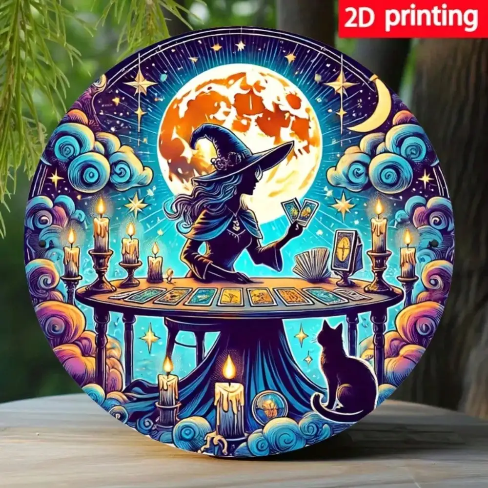 Witchy Halloween Fortune Telling 2D Flat High Definition Metal Wall Art Vintage Occult Witch with Tarot Cards Black Cat Candles