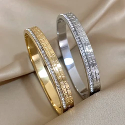 Freetry Trendy Stainless Steel Square Cubic Zirconia Bangles Luxury Geometric Bracelets for Women Charm Waterproof Jewelry