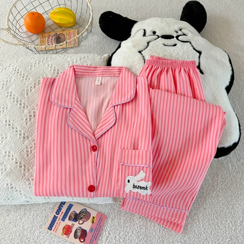 

2/PCS Women's Long Sleeve Long Pants Pajamas Adult Two-Piece Homewear Girls Striped Rabbit Print Long Pajamas Cute and sweet