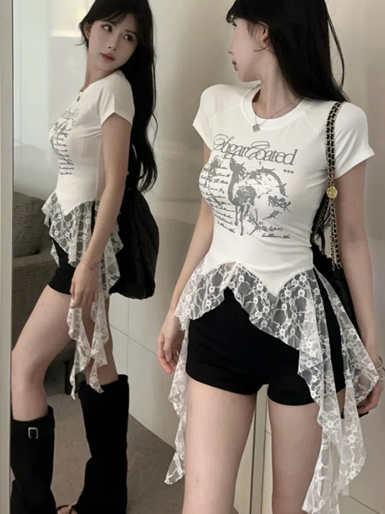 Summer Short Sleeve T-Shirt Women's Lace Patchwork Uneven Design Sensation Unique Beautiful Short Trendy Top Commute Style Ko...