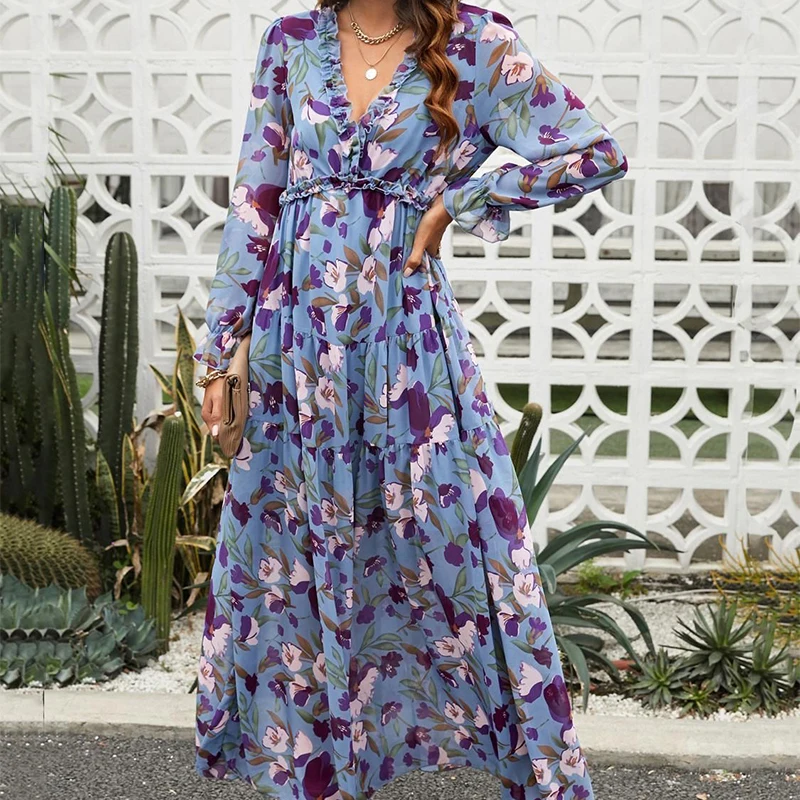 Elegante floral feminino verão praia vestido longo primavera casual plissado em camadas de manga comprida vestidos maxi vestidos de festa