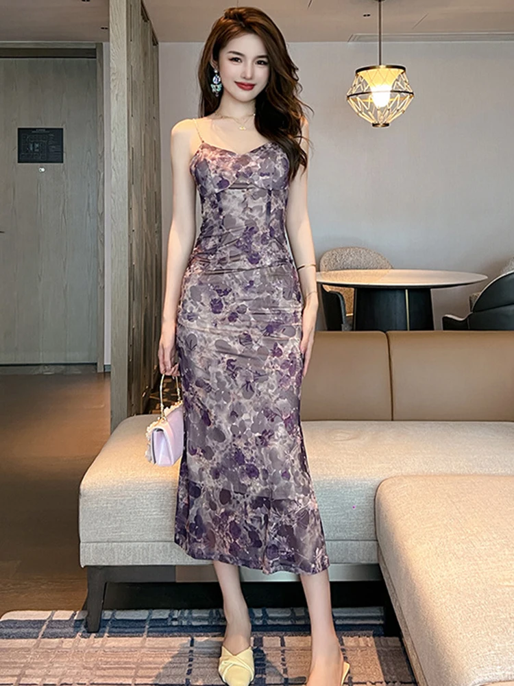 Summer Women's Maxi Dress Luxury Fashion Sexy Purple Mesh Flowers Beading Strap Slip Long Robe Femme Evening Party Beach Vestido