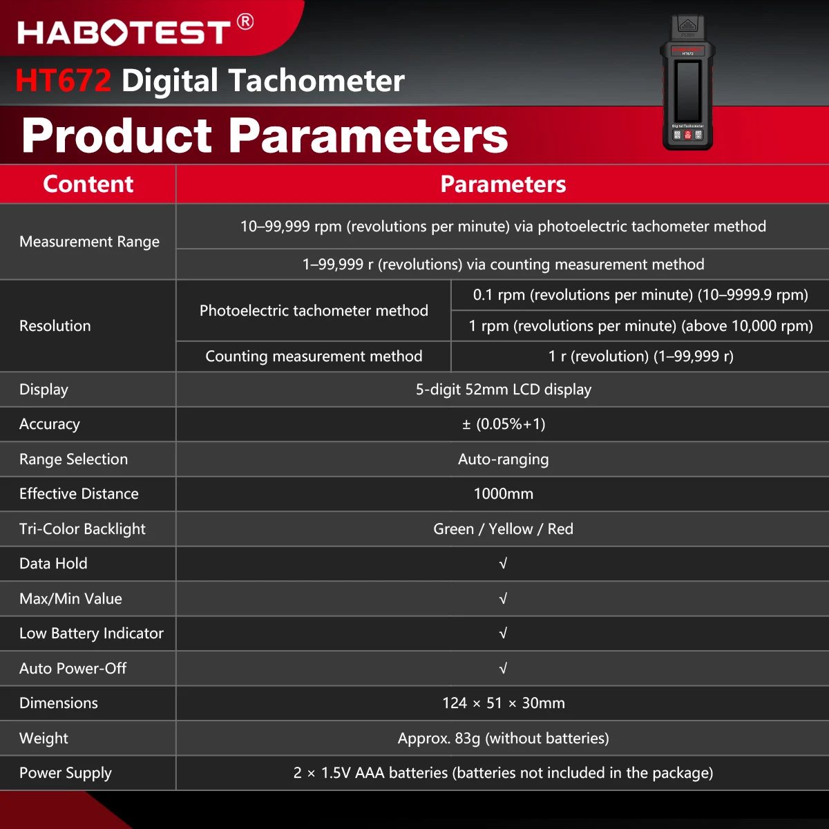 HABOTEST HT672 Mini Digitaler Laser-Drehzahlmesser Berührungsloser Drehzahlmesser Drehzahlbereich 10-99999RPM Drehzahlmesser Kilometerzähler Hintergrundbeleuchtung – Detail 3