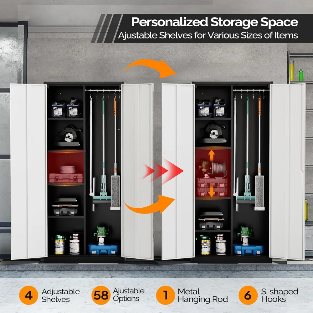 خزانة تخزين معدنية مع قضيب تعليق، 4 أرفف قابلة للتعديل، أبواب قفل بتصميم نمط رمادي حديث، خزانة ملابس الدولاب
