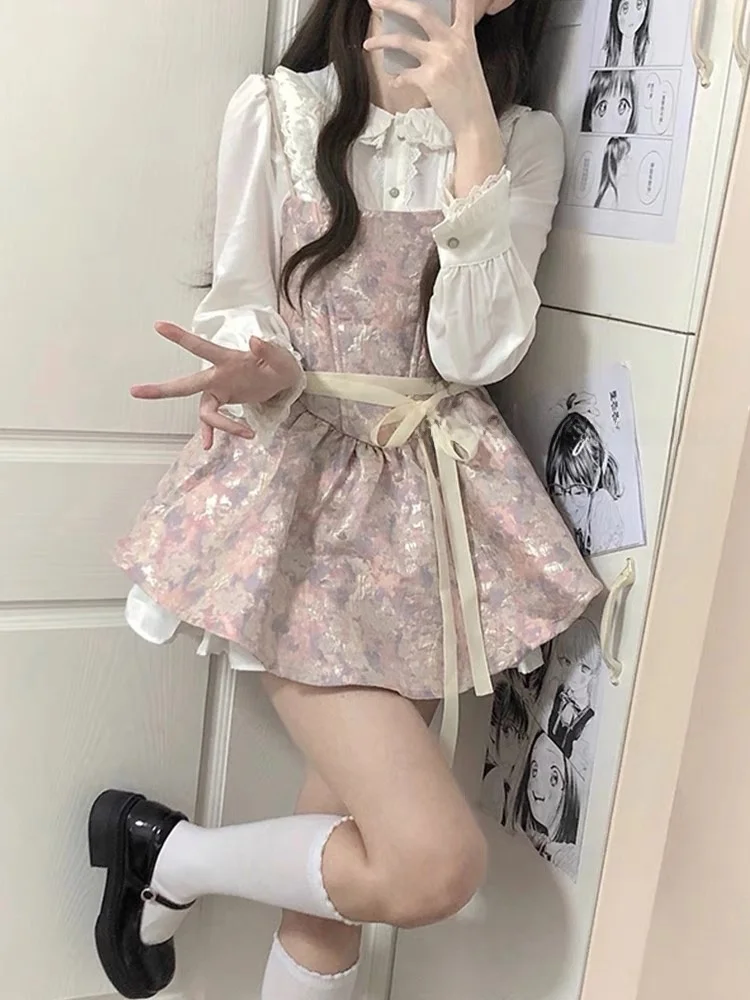

Sweet Princess Style Shirt And Puffy Skirt Set Two-Piece Soft Girl Fairy Dress for Small Girls Retro Ensemble Cute Fashion