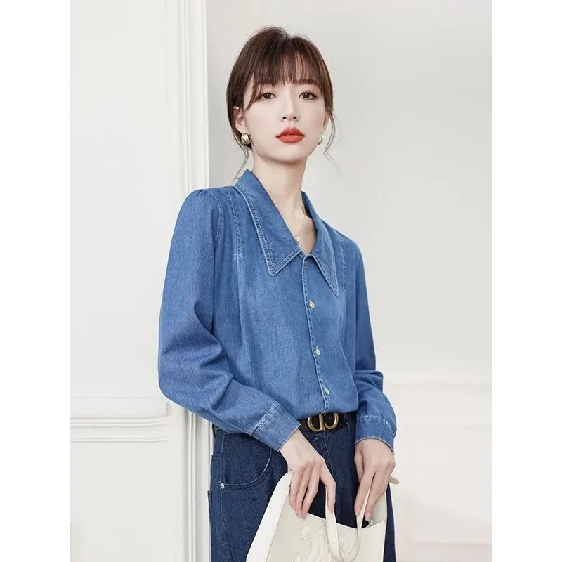 

Джинсовая рубашка во французском стиле ретро с лацканами и пышными рукавами, новинка 2025 года, женская верхняя одежда, куртка с уникальным дизайном