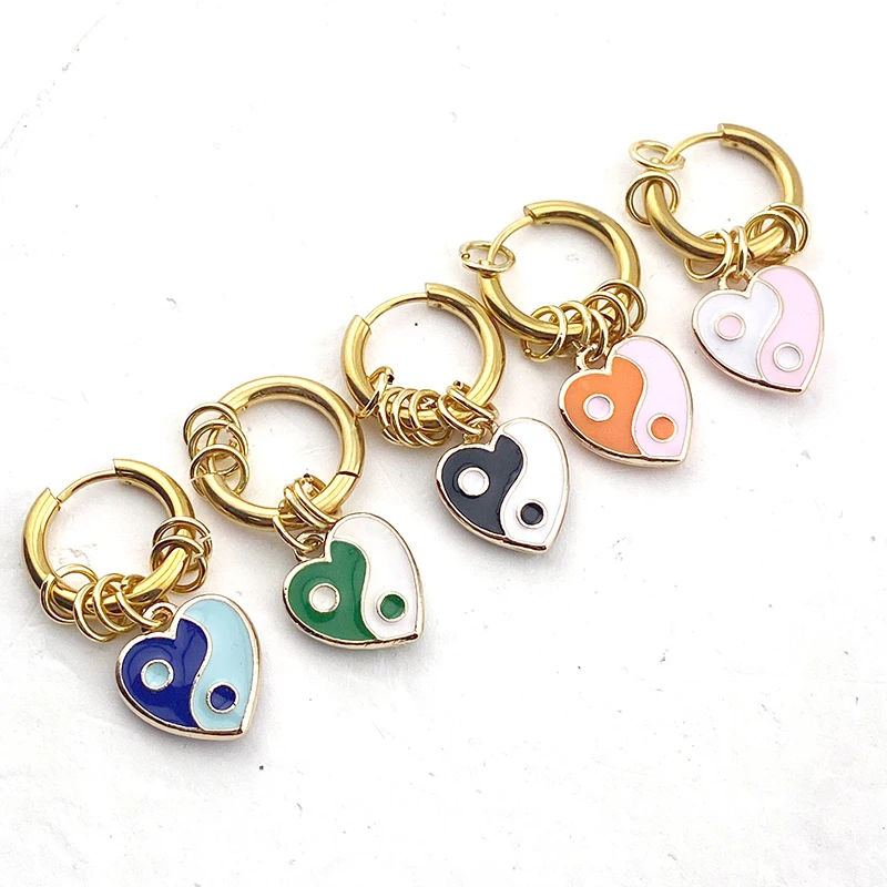 Punk Colorful Tai Chi Gossip Heart Stainless Steel Earrings For Women Men Personality Cool Alloy Pendant Hoop Earrings Jewelry