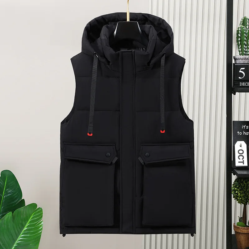 2026 New in Men Sleeveless Jacket Hood Zip-up Thick Warm Padded Vest Classic Golf Work Wear Large Size Big Plus Casual Waistcoat