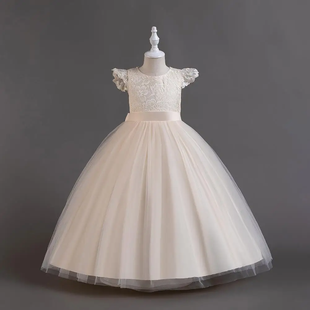 New Princ Long Dr for Girls Birthday Par  Knot Tulle Skirt Flower Girl Costume Wedding Dr Children's Clothes