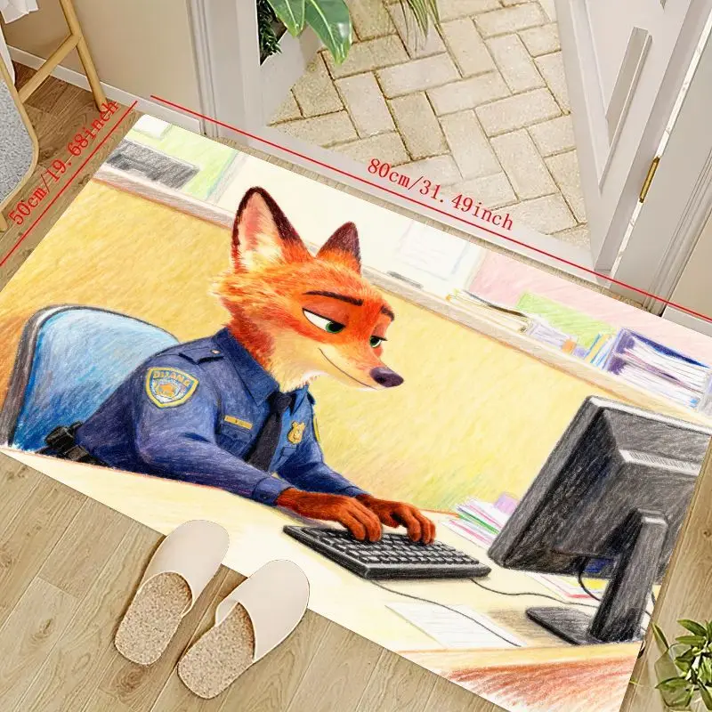 

1PC Disney Zootopia Nick Wilde Police Officer Cartoon Floor Mat, Fox Character at Desk Computer Scene Area Rug, Soft Non-Slip Wa