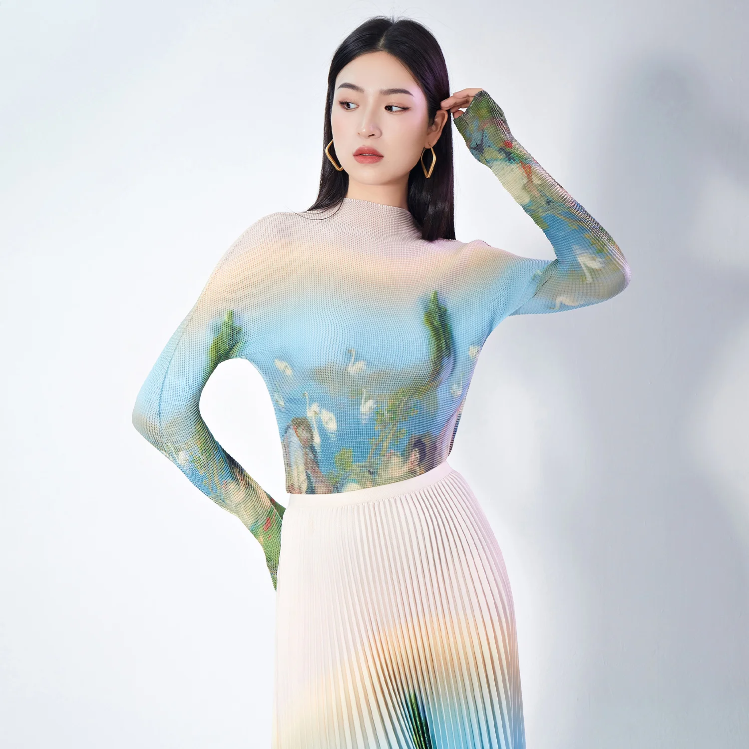 Miyake pleated women's fashion stretch print top and a-line skirt set elegant unique two-piece set