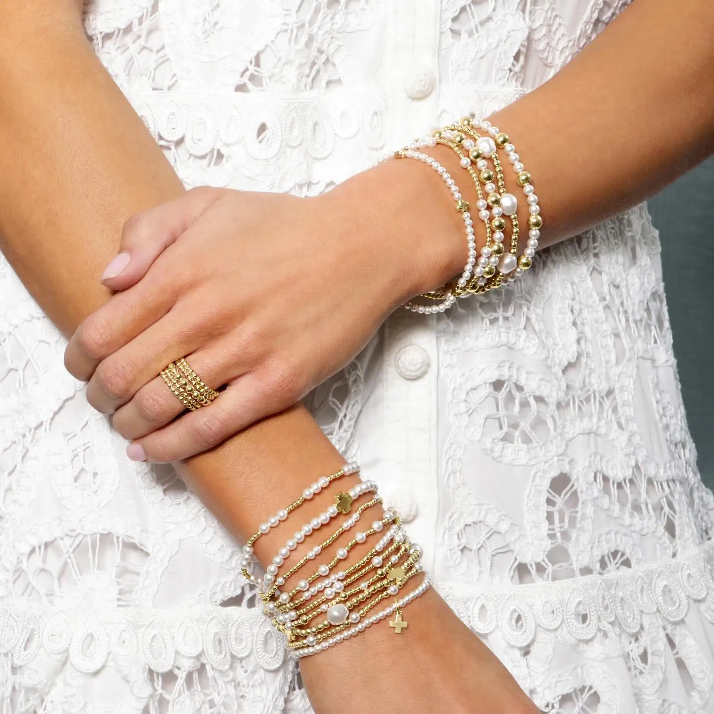 Vlen Christian Cross Bracelets Pearl 18 K Gold Plated Beads Mixed Bracelet for Women High Quality Jewelry