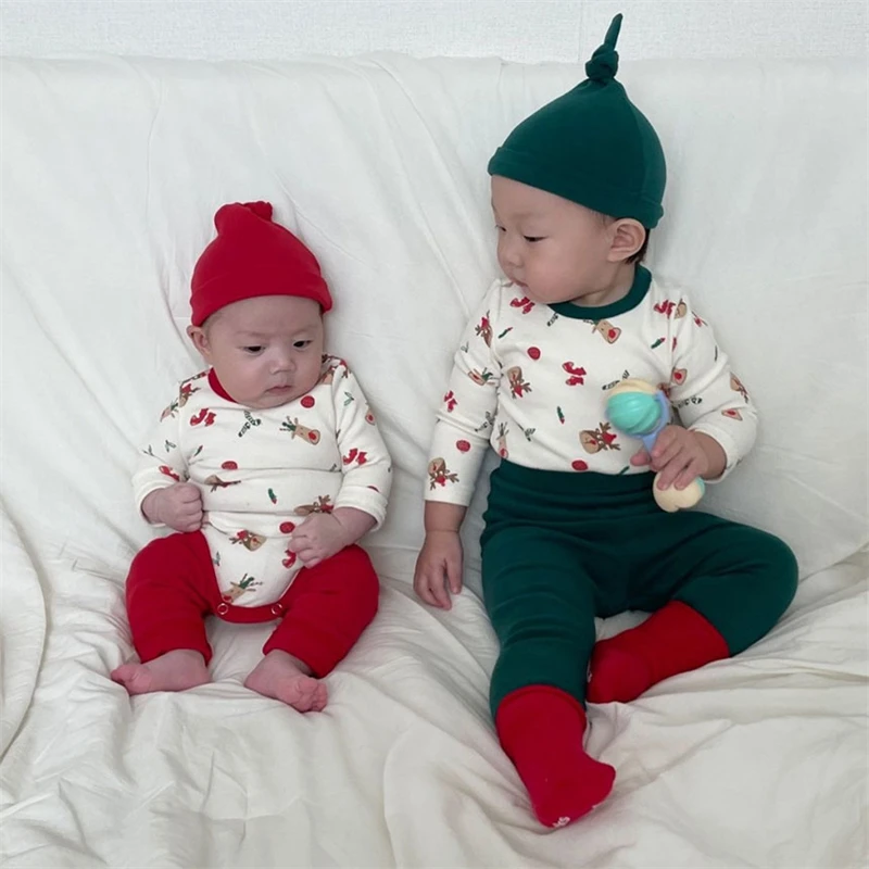 Autumn Winter Cotton Baby Infant Romper Christmas Jumpsuit With Hat Classic Green Red Reindeer Newborn Xmas Pajamas Outfits