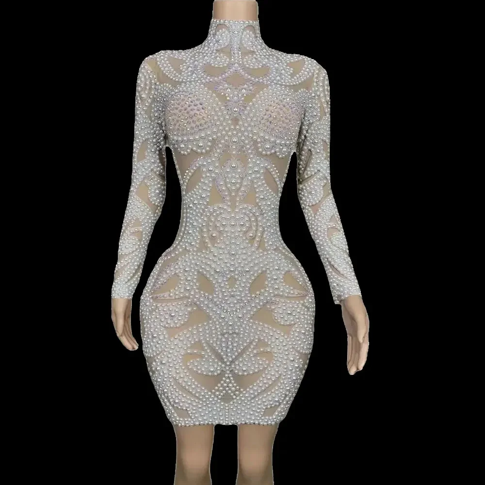 Perlenkleid Strass Perlen Dark Mesh Transparentes Kleid Abend Geburtstag Feiern Kleid Party Tanz Performance Kostüm