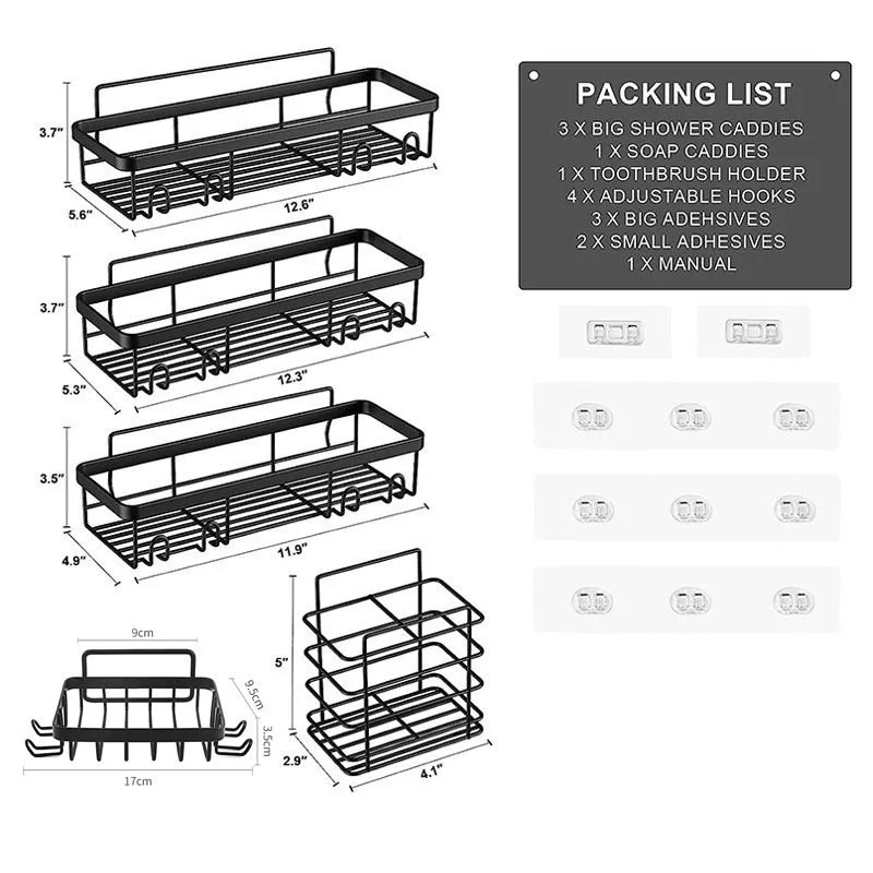Multi-functional Shower Caddy With Hooks Wall Mounted Storage Rack Self Adhesive Bathroom Hanging Shelf Stainless Steel Storage