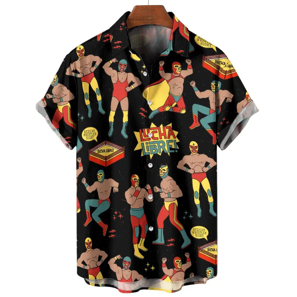 Neues Retro 3D Mexikanisches Wrestling-Print Modisches Schnelltrocknendes Lockeres Hawaiianisches Herren-Kurzarmhemd – Detail 5