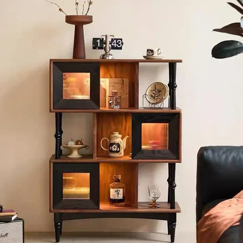 Retro solid wood bookcase, antique creative study integrated against the wall, American display cabinet, side cabinet