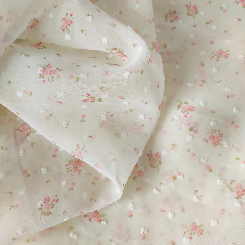 1.5m Wide Blue Pink Apricot Flocking Polka Dot Chiffon Printing Fabric Small Floral Home Background Dress Fabric SC229