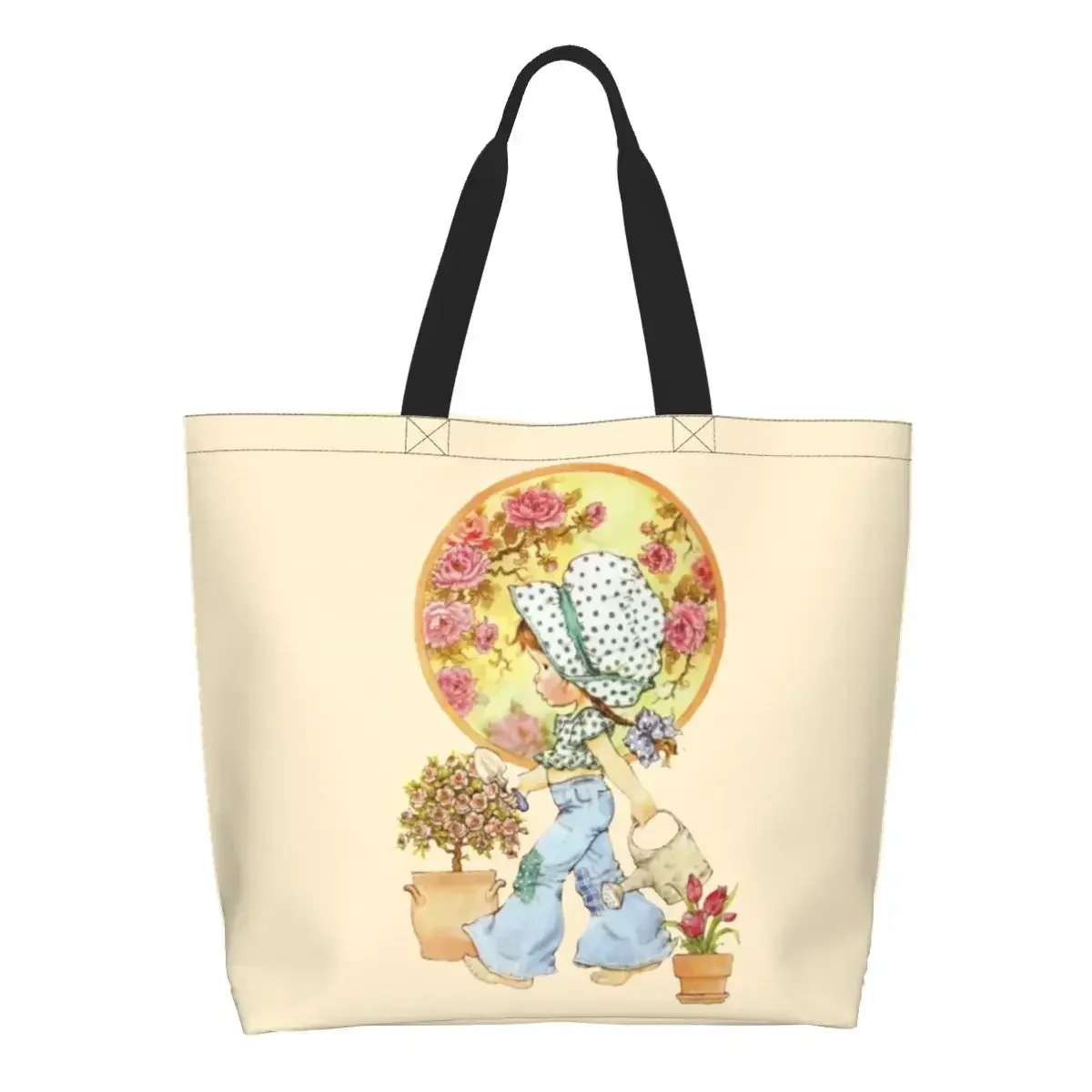 

Kawaii Sarah Kay Groceries Shopping Bag Canvas Shopper Shoulder Tote Bag Large Capacity Durable Girl Roses And Watering Handbag