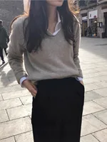 Foreign style V-neck 100% pure cashmere sweater women's pullover autumn and winter loose wool base shirt 2