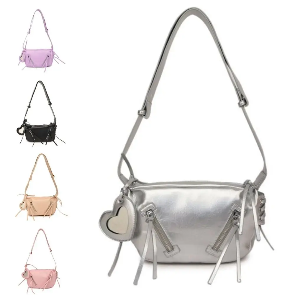 

Elegant Leather Shoulder Bag Moto Style Love Heart Mirror Korean Underarm Bag Large Capacity Solid Color Y2K Punk Crossbody Bag