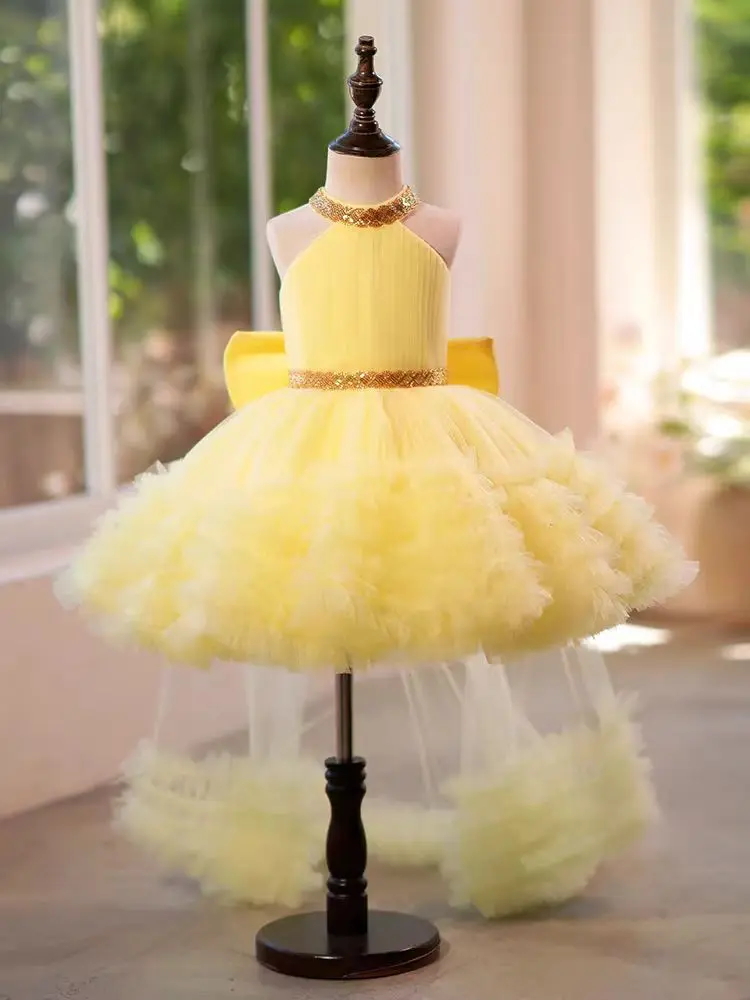 

Customized Yellow Cute Flower Girl Dress For Wedding Pleated Layered O-neck Beaded Tulle Kids Birthday First Communion Ball Gown