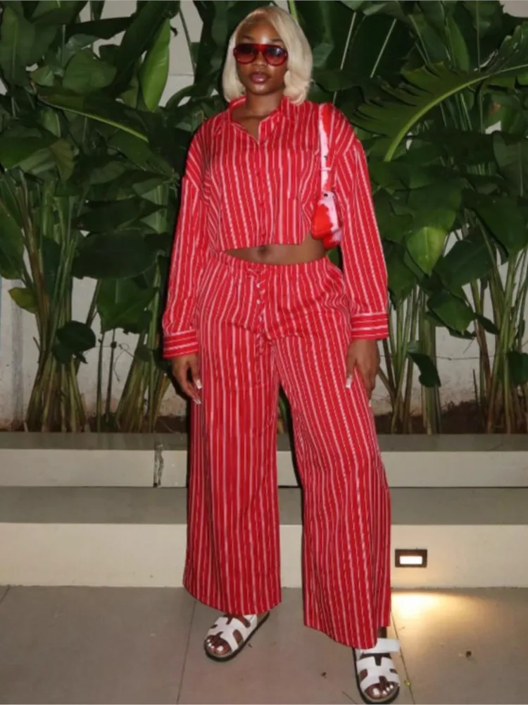 

American Red Striped Long-sleeved Shirt Top African Women's Fashion Fashionable Casual High Waist Wide-leg Pants Two-piece Set