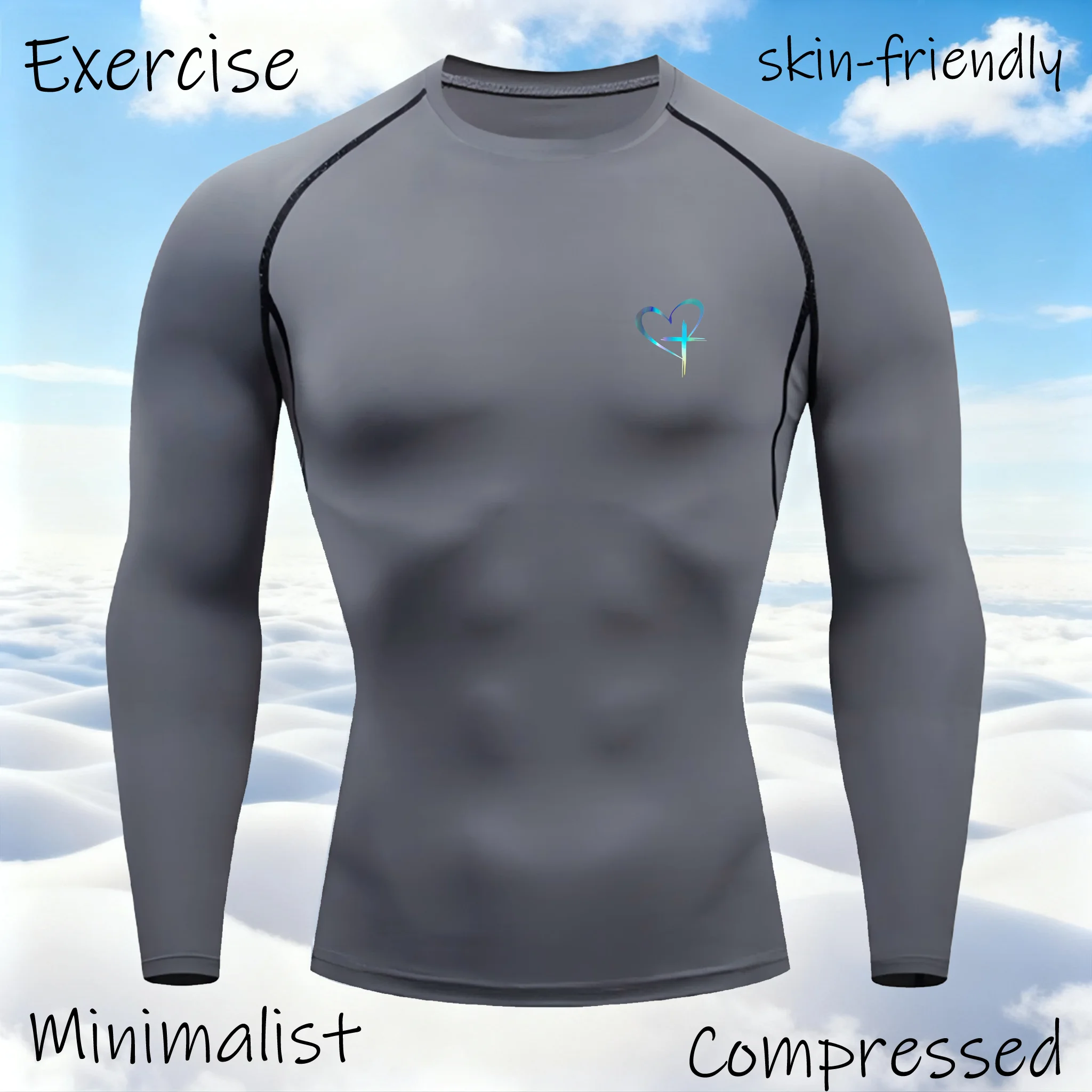 تي شيرت رياضي مطبوع عليه قلب سريع الجفاف لكمال الأجسام والجري قميص طويل الأكمام مضغوط قميص رياضي للرجال للياقة البدنية ضيق Rashgard